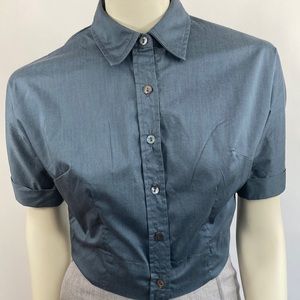 Vintage Cuff-Sleeved Cropped Shirt Blue 6 - 8 EUC